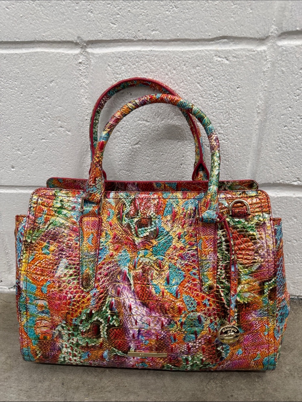 Brahmin “Small Finley” Embossed Leather Satchel - Red, Turquoise, Orange - Picture 3 of 9
